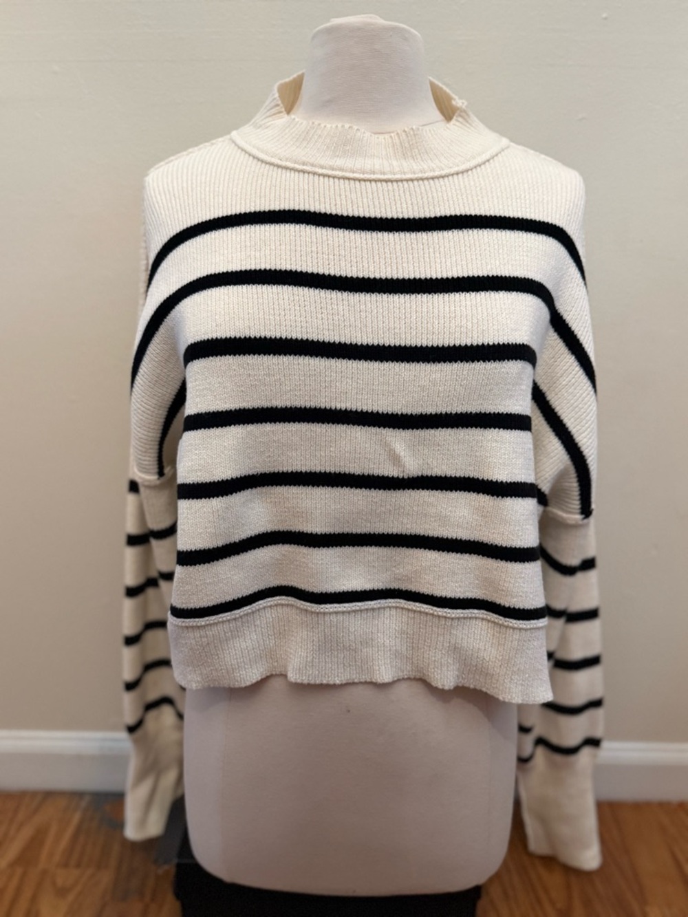 Striped Cream and Black Cropped Crewneck Sweater